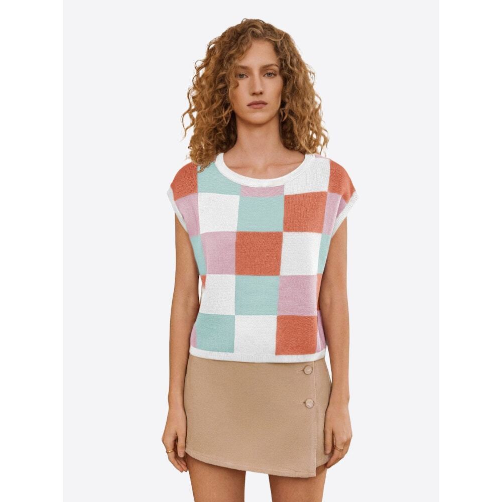 Knit Vest Women's Size XL Pink Colorblock Checkered Sleeveless Coastal Grandma